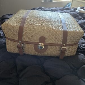 Woven Straw Storage Basket with Leather Straps From Anthropologie